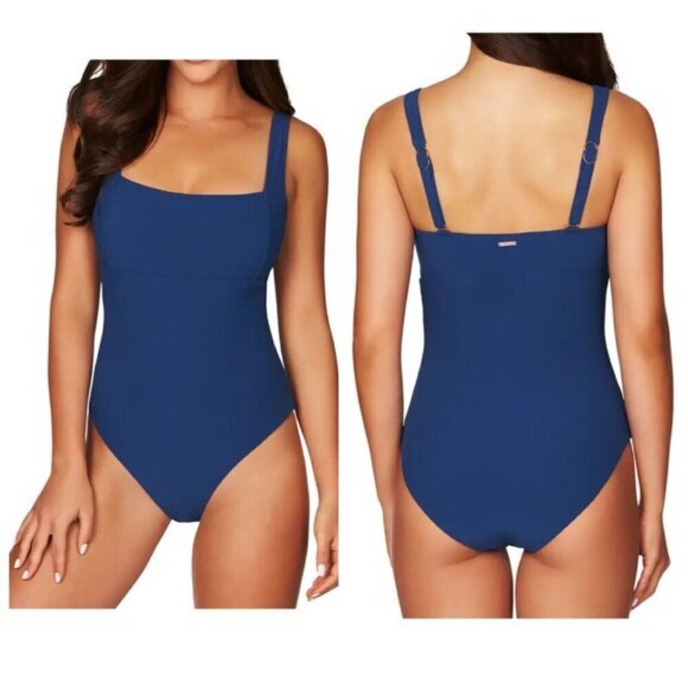 Sea Level Australia Blue Ribbed Square Neck One Piece Shaping Swimsuit 6 New